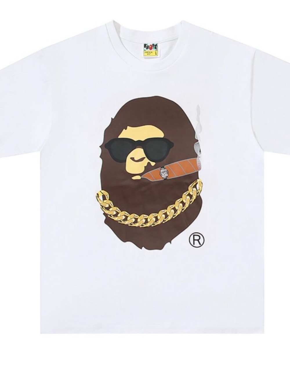 Bape White Tee with Brown Ape Face, Gold Chain and Black Sunglasses